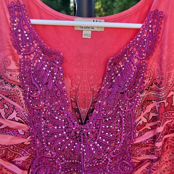 Oneworld Embellished Boho Tunic Top XL Coral Pink Multicolor Paisley Print - Picture 2 of 8